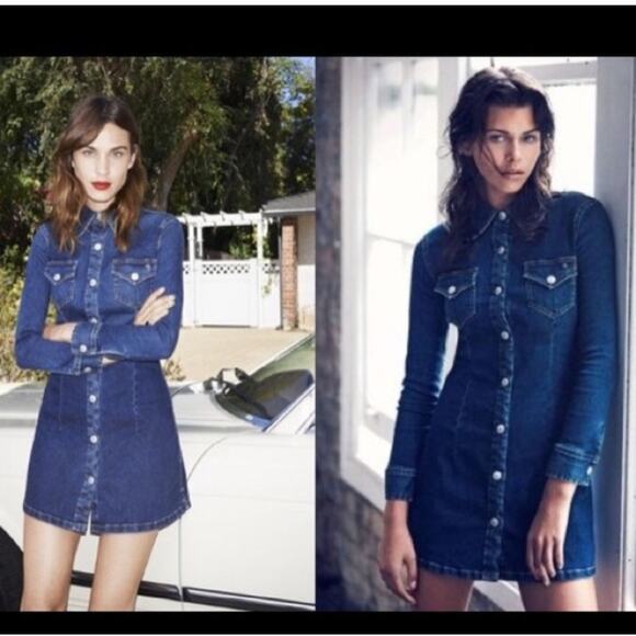 ALEXA CHUNG For AG Adriano Goldschmied Pixie Dress Stretch Denim Snap Front - Picture 2 of 16